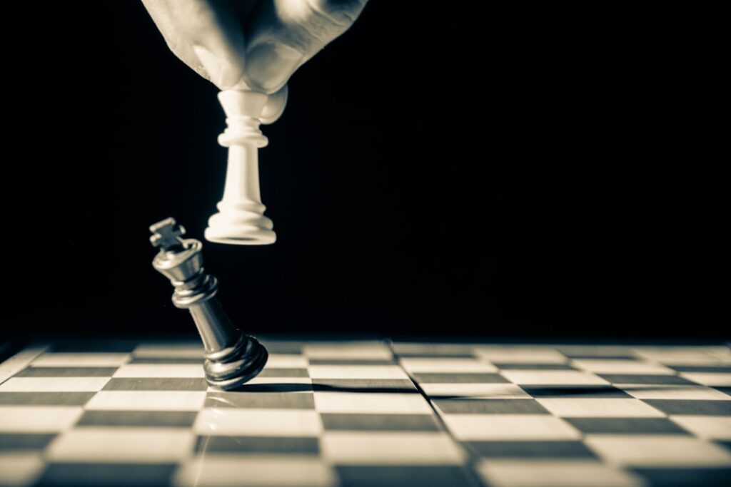 Chess kings symbolizing power, cruelty, success, and justice